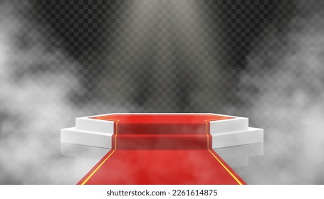 White podium with red path on dark background with smoke. Empty pedestal for award ceremony. Platform illuminated by spotlights. Realistic 3d Vector illustration.