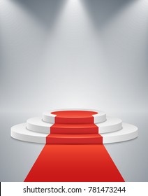 White podium and red road on a light background. The winner is in first place. Bright white light from searchlights. Light pedestal. Festive event. Vector illustration.
