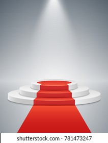 White podium and red road on a light background. The winner is in first place. Bright light from a spotlight. Light pedestal. Festive event. Vector illustration.