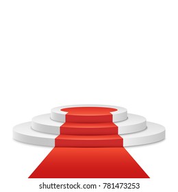White podium and red road on a white background. The winner is in first place. Light pedestal. Festive event. Vector illustration.