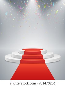 White podium and red road on a light background. The winner is in first place. Bright white light from searchlights. Flying confetti. Light pedestal. Festive event. Vector illustration.