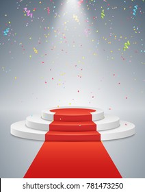 White podium and red road. The winner is in first place. Bright light from a spotlight. Multicolored flying confetti. White pedestal. Festive event. Vector illustration.