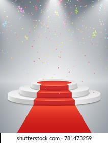 White podium and red road. The winner is in first place. Bright light from a spotlight. Multicolored flying confetti. Light pedestal. Festive event. Vector illustration.