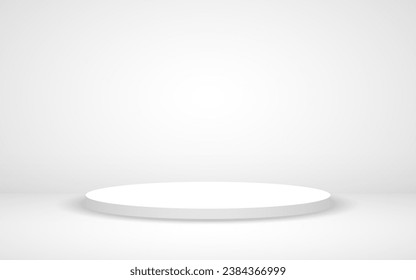 White podium. Round empty stage. Realistic circle with soft shadow. Product display pedestal. White studio template. Advertising 3d platform. Vector illustration.