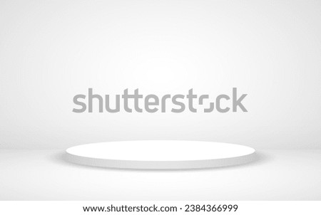 White podium. Round empty stage. Realistic circle with soft shadow. Product display pedestal. White studio template. Advertising 3d platform. Vector illustration.