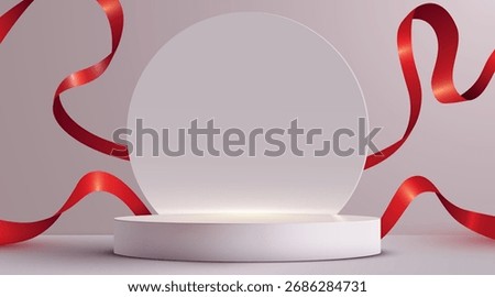 White podium scene background with red ribbon. Product presentation, mock up. Winner stage pedestal or platform. Vector illustration