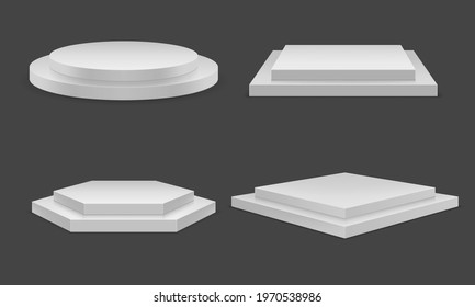 White podium set. Round and square empty stages and podium stairs. Pedestal and stage platform. Realistic vector illustration isolated on dark background