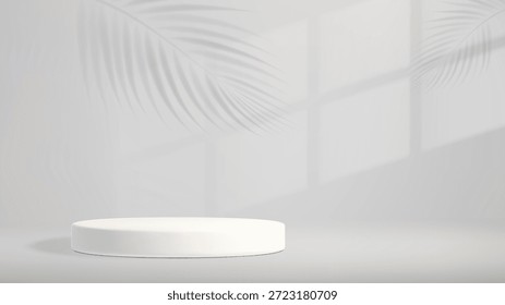 Conjunto de pódio branco com sombras suaves e design mínimo. Limpe a exibição da plataforma 3d com palco cilíndrico em fundo cinza. Exibição moderna de produtos com pedestal geométrico e silhuetas de folhas de palma