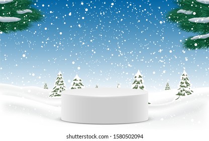white podium in the snow in the forest