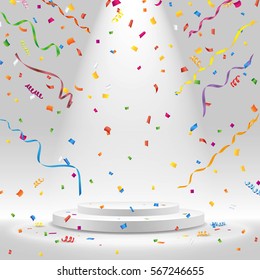 White podium with spotlight and colorful confetti