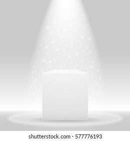 White podium with spotlight and shiny light