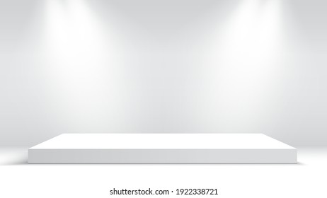 White podium with spotlights. Pedestal. Vector illustration.