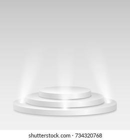 White podium with spotlights. The winner is in first place. Bright white light from searchlights. Light pedestal. Festive event. Vector illustration