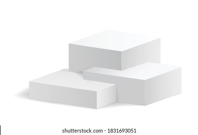 White podium. Square 3d empty podium with steps. Showroom pedestals, floor stage platform. Realistic isolated mockup. Vector illustration