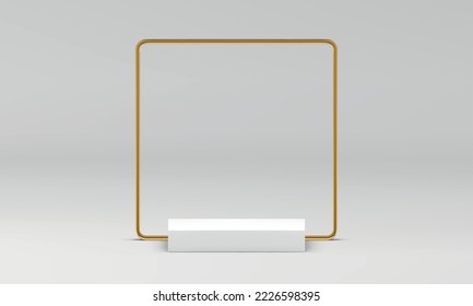 White podium squared showcase golden frame stage award arena win competition 3d realistic vector illustration. Pedestal stand basic construction display for product promo presentation render design