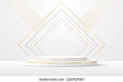 White podium with white squares and elegant gold lines on the back for product presentation. Cosmetic product display. vector illustration
