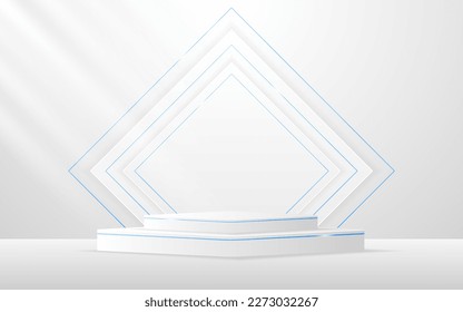 White podium with a white squares shape and an elegant blue line on the back for product presentation. Display of cosmetic products. stage or podium. vector illustration	