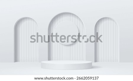 White podium stage with arch gates. 3d vector circular platform with arched alcoves and a floating round panel. Clean, contemporary studio for product presentation, branding and commercial displays