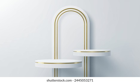 White podium stage with arch and golden frames. Realistic 3d vector mockup of round platform or pedestal with gold arc, cosmetics product display. Studio background for presentation, showcase scene