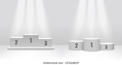 White podium stage design with platforms for competition winners, empty pedestal template for first to third place numbers in cube and cylinder shape to present victory award - vector illustration