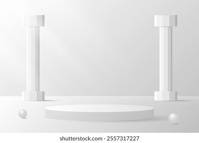 White Podium Stage On Studio Background With Pillars And Balls. Abstract Business Wallpaper. Minimal Banner. Vector Illustration