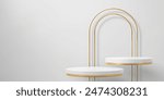 White podium stages with golden arch frame for displaying cosmetic products or awards. Realistic 3d vector elegant display setup with two elevated round scenes adorned with gold stripes and arc