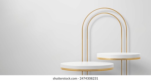 White podium stages with golden arch frame for displaying cosmetic products or awards. Realistic 3d vector elegant display setup with two elevated round scenes adorned with gold stripes and arc