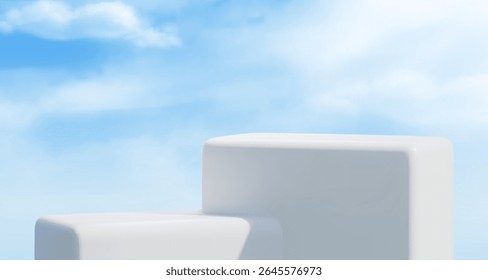 White podium stages on blue sky background with soft clouds - minimalist product display platforms for cosmetics showcasing, ecommerce clean branding presentations or modern advertising mockups.