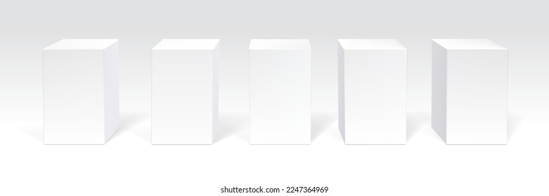 White podium stand, 3D cube pedestal display isolated on grey background. Vector column platform pillar for display product