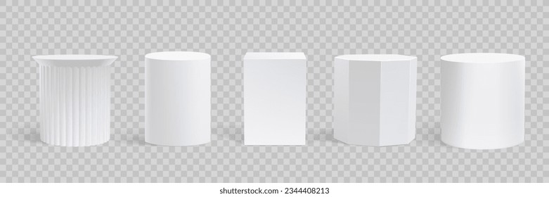 White podium stand, 3D cube pedestal display isolated on grey background. Vector column platform pillar for display product