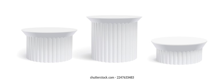 White podium stand, 3D cylindrical pedestal display isolated on white background. Vector aesthetic column platform pillar for display classic product
