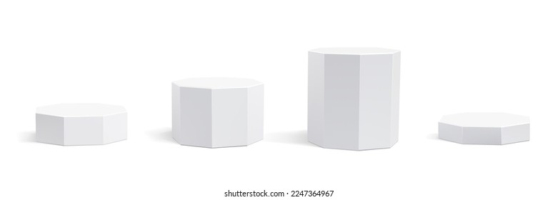 White podium stand, 3D octagonal pedestal display isolated on white background. Vector column platform pillar for display product