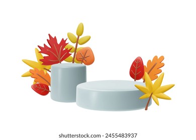 White podium stands with autumn leaves 3D style vector composition. Volumetric pedestals scene mockup for product stage showcase, platform for presentation