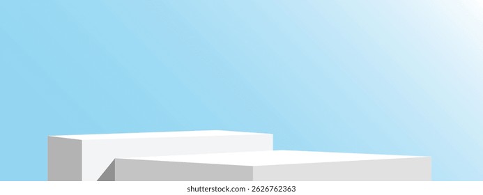 Uma maquete de exibição de passo de pódio branco com design minimalista, fundo de gradiente azul, formas geométricas modernas, ideal para apresentação de produtos cosméticos ou publicidade