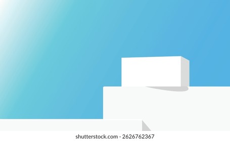 A white podium step display mockup with minimal geometric shapes and blue gradient background, perfect for showcasing cosmetic product or modern design in clean, fresh style