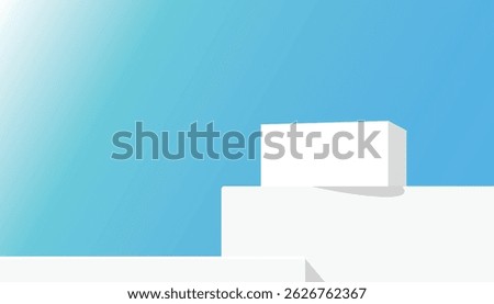 A white podium step display mockup with minimal geometric shapes and blue gradient background, perfect for showcasing cosmetic product or modern design in clean, fresh style