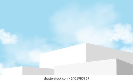 White Podium Step on Sky Blue and Cloud Background,Platform 3d Mockup Display Step for Summer Cosmetic Product Presentation for Sale,Promotion,Web online,Scene Nature Spring Sky with Building wall 