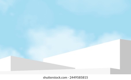 White Podium Step on Sky Blue and Cloud Background,Platform 3d Mockup Display Step for Summer Cosmetic Product Presentation for Sale,Promotion,Web online,Scene Nature Spring Sky with Building wall 