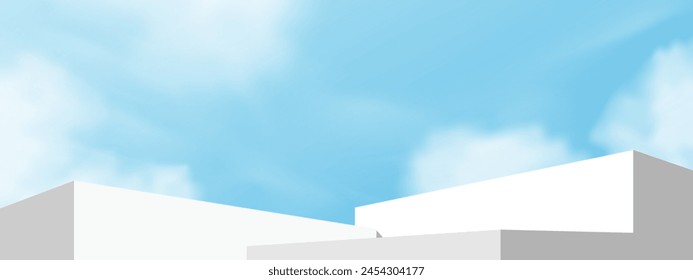 White Podium Step on Sky Blue and Cloud Background,Platform 3d Mockup Display Step for Summer Cosmetic Product Presentation for Sale,Promotion,Web online,Scene Nature Spring Sky with Building wall	
