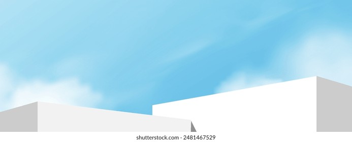 White Podium Step on Sky Blue and Cloud Background, Platform 3D Mockup Display Step für Sommer Kosmetische Produkt Präsentation zum Verkauf, Promotion, Web online, Szene Natur Frühlingshimmel mit Bauwand	
