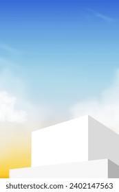 White Podium Step on Sunset Sky and Cloud Background,Platform 3d Mockup Display Step for Summer Cosmetic Product Presentation for Sale,Promotion,Web online,Scene Nature Spring Sky with Building wall 