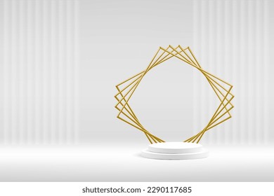 Escena de estudio de podio blanco con elegantes rayos de luz. Marco geométrico dorado de los cables finos forma el fondo de la etapa estelar