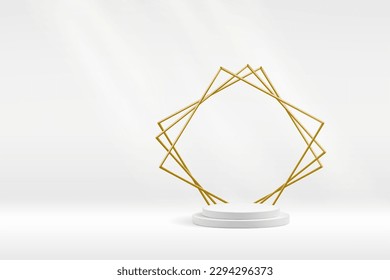 White podium studio scene with elegant light rays. Golden geometric frame of thin wires form star shape stage background
