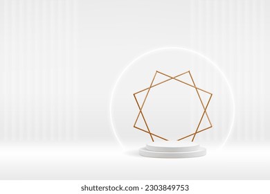 White podium studio scene with elegant light rays. Golden geometric frame of thin wires form star shape stage background