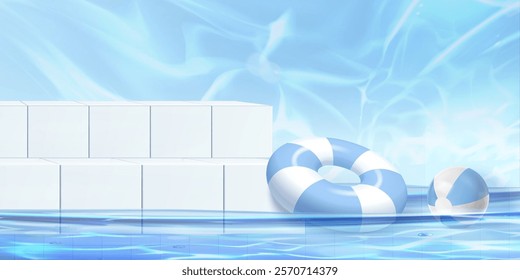 White podium with swimming pool water and floating inflatable ring - summer scene with blue striped lifebuoy and beach ball on azure aqua and white tile poolside backdrop. Aquatic product presentation