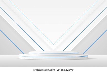 White podium with white triangle with elegant blue line on the back for product presentation. Cosmetic product display. Stage or podium. vector illustration