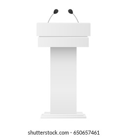 White Podium Tribune Mockup With Microphones Isolated. Vector Illustration