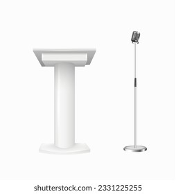 White Podium Tribune Rostrum Stands with Microphones. Podium tribune with microphones isolated for business presentation, conference. Vector