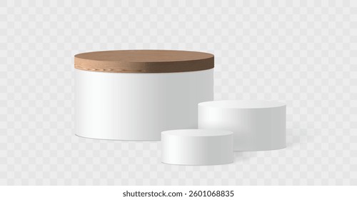 White podium with wood top and stairs. 3D podium set white color isolated. Realistic product scene pedestal, white showcase mockup 3d stage, blank award place for business, sport, cosmetic.