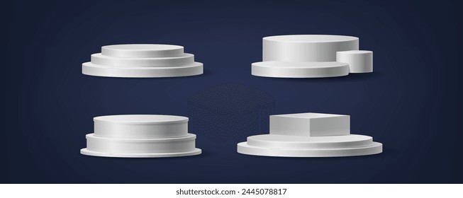 White Podiums For Cosmetics, Realistic 3d Vector Round Platforms Or Pedestals Mockup For Products Displaying